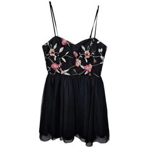 Social Couture Women Large Black Pink Floral Embroidered  Party Cocktail Dress